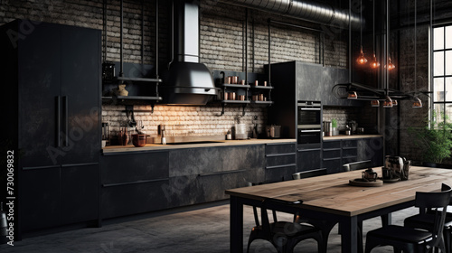  A chic urban loft kitchen with industrial pendant lights and an open-concept design.
