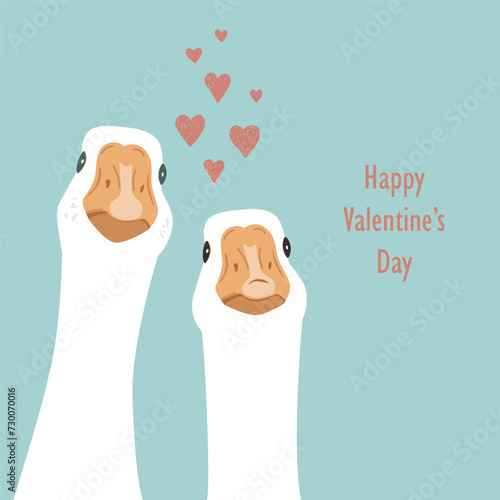 A couple of cute geese in love with heart cloud. Hand drawn goose vector illustration.