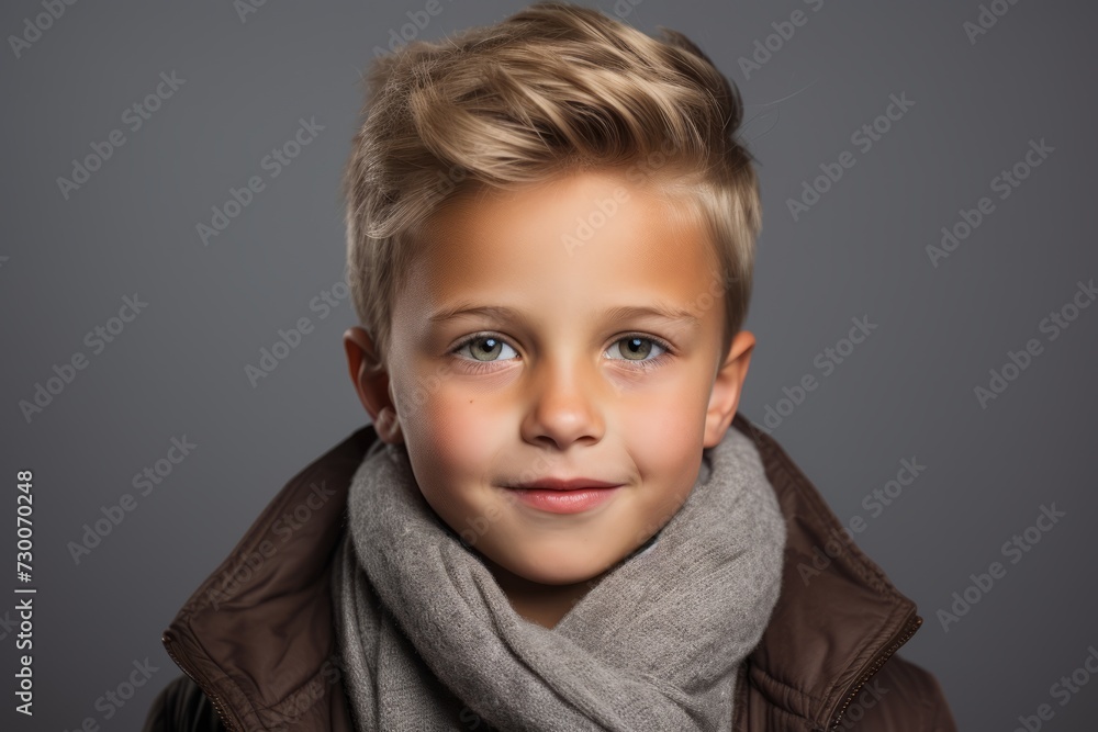 Portrait of a cute little boy with blond hair and blue eyes wearing warm clothes. Studio shot. Portrait of a cute little boy with blond hair and blue eyes wearing warm clothes. Studio shot.