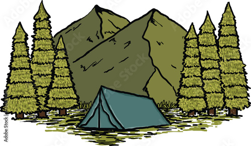 Camping in the mountain vector illustration. Tent in the forest with mountain drawing