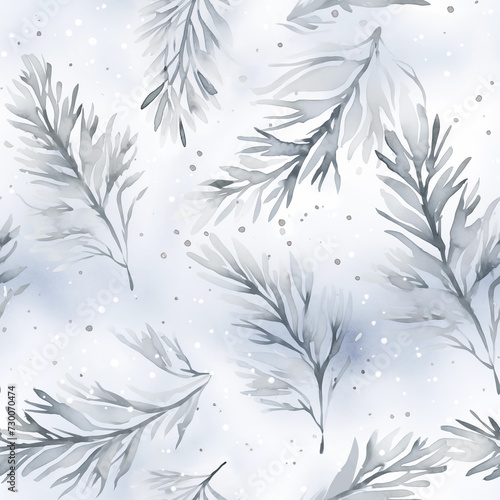 Watercolor illustration of pine branches with snowflakes on soft gray background.