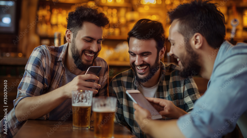 Homens conversando no celular e bebendo cerveja em um bar