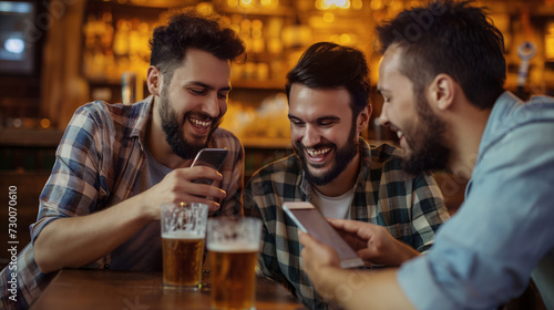 Homens conversando no celular e bebendo cerveja em um bar photo