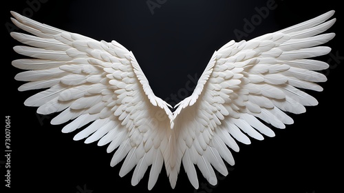 Graceful white angel wings, elegantly fanned out and perfectly aligned, contrasting against a deep black backdrop, symbolizing heavenly purity and tranquility