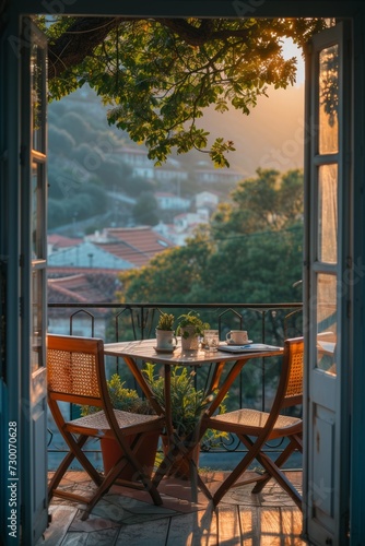 A tranquil view from an open window, featuring a small balcony with a table and chairs, overlooking a stunning landscape bathed in the golden light of sunset