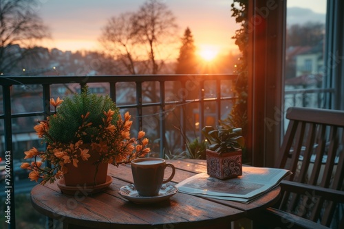 A cozy balcony setting with a cup of coffee and potted flowers. A serene spot for relaxation on the sunrise.