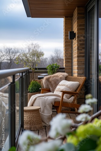 A cozy modern balcony with a comfortable chair, a blanket, and a variety of plants. Tranquility and relaxation.