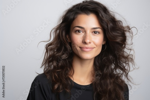 Portrait of a beautiful young woman with long curly hair on grey background