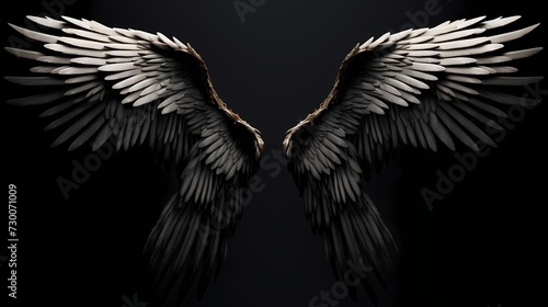 Grand and imposing black angel wings, elegantly spanning out on a black solid backdrop, emanating a sense of divine majesty and power