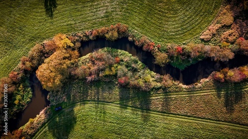 Aerial autumn view of a meandering stream