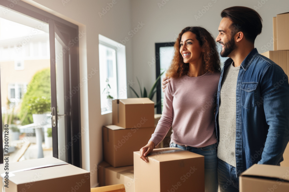 Young couple stands in the doorway of their new apartment, looking at the empty rooms with excitement. Young couple stands in the doorway of their new apartment, looking at the empty rooms with excitement.