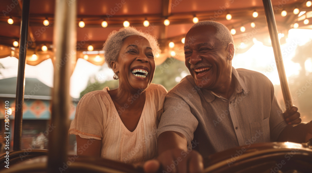 Elderly black couple riding on a carousel smiles Elderly black couple riding on a carousel smiles