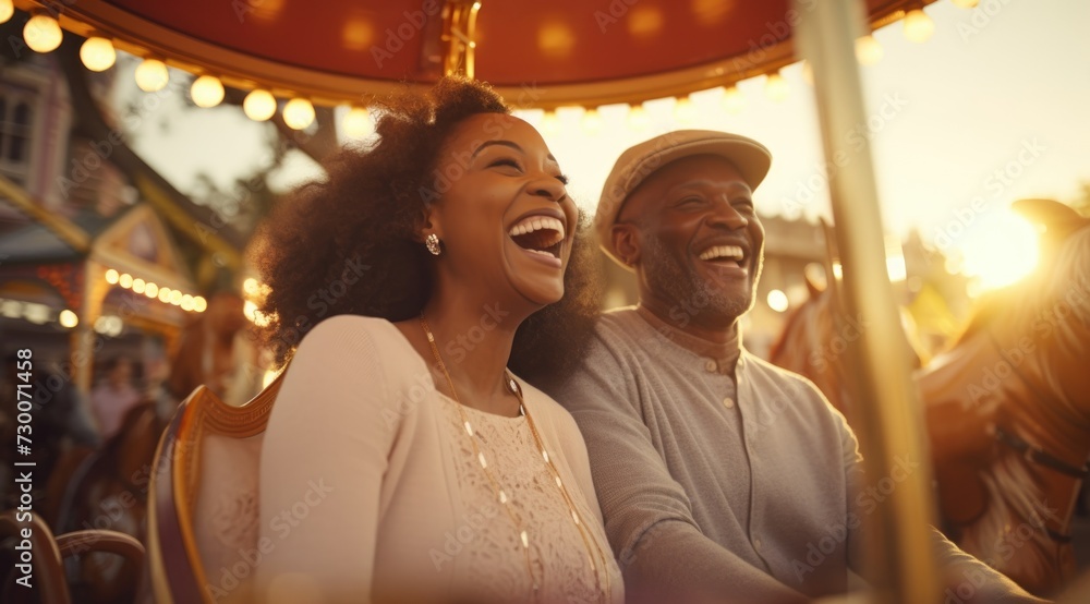 Elderly black couple riding on a carousel smiles Elderly black couple riding on a carousel smiles