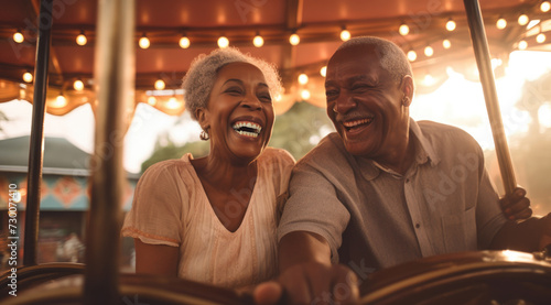 Elderly black couple riding on a carousel smiles