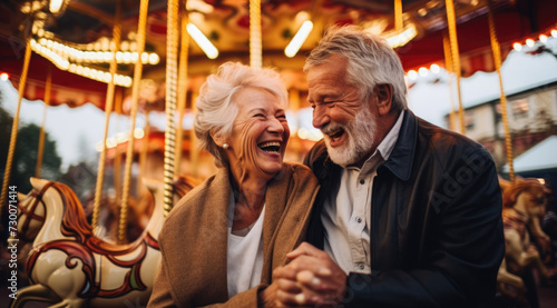 Elderly black couple riding on a carousel smiles © Marharyta
