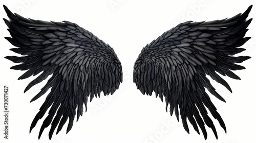 Grand and imposing black angel wings, elegantly spanning out on a solid white background, emanating a sense of divine majesty