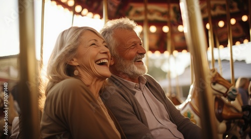 Elderly black couple riding on a carousel smiles