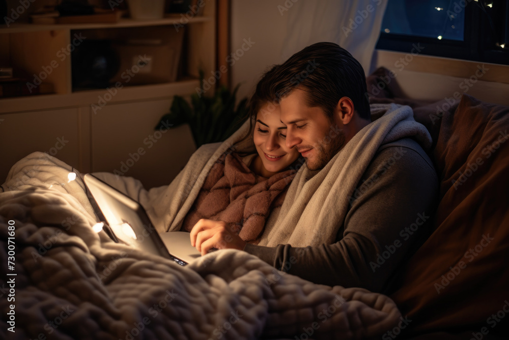 Couple snuggles on a loveseat, sharing headphones and watch a romantic movie on a tablet. Candlelight adds a touch of intimacy to the scene, making it a perfect date night at home.