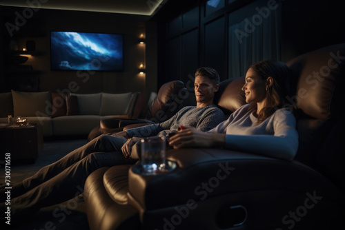 In a home cinema setup, a couple sits in plush recliners.