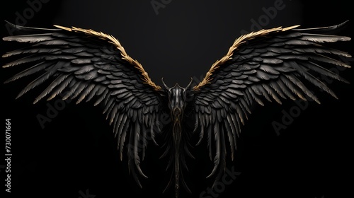 Grand and imposing black angel wings, elegantly spanning out on a black solid backdrop, emanating a sense of divine majesty and power