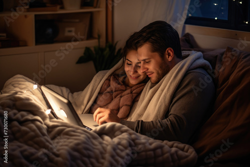 Couple snuggles on a loveseat, sharing headphones and watch a romantic movie on a tablet. Candlelight adds a touch of intimacy to the scene, making it a perfect date night at home.
