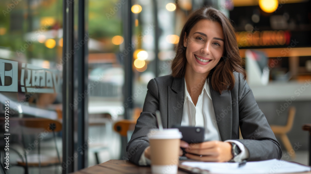 cheerful woman in a business suit is using a smartphone and holding a pen while sitting at a cafe table with a coffee cup and papers in front of her cheerful woman in a business suit is using a smartphone and holding a pen while sitting at a cafe table with a coffee cup and papers in front of her