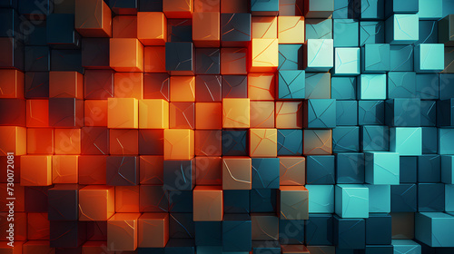 Abstract background pattern featuring orange and blue cubes creating a visually captivating display with a combination of vibrant colors,, Captivating Orange and Blue Cubes