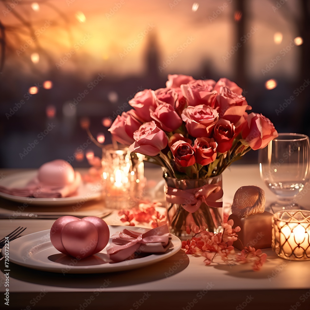 Schöne Tischdeko für ein romantisches Dinner - obrazy, fototapety, plakaty 