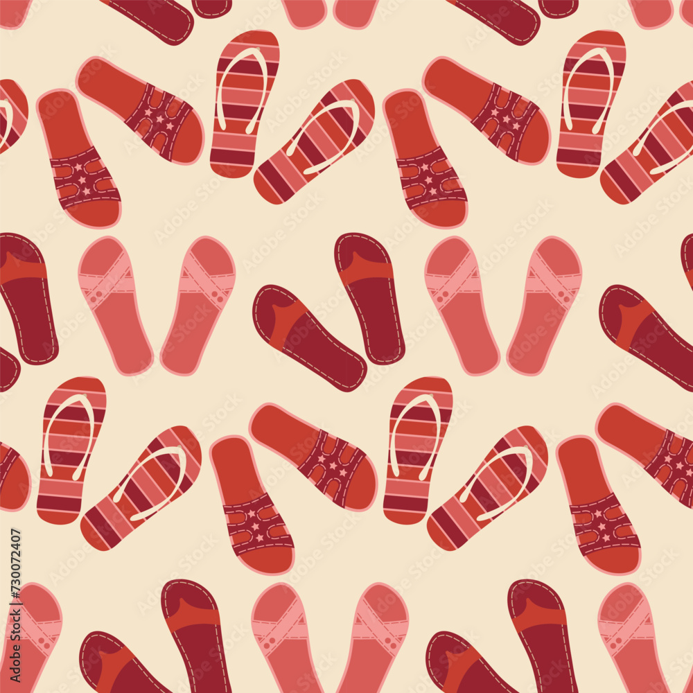 seamless flip flops pattern. color summer backdrop. Red repeat background. Cartoon flat illustration seamless flip flops pattern. color summer backdrop. Red repeat background. Cartoon flat illustration