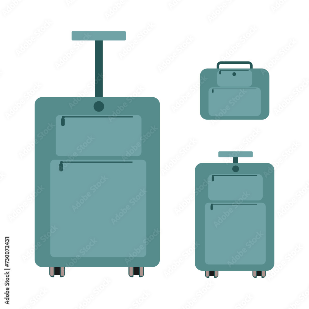 Set of green travel cartoon plastic suitcases on wheels. Isolated travel bag, case, trunk, valise. Set of green travel cartoon plastic suitcases on wheels. Isolated travel bag, case, trunk, valise.