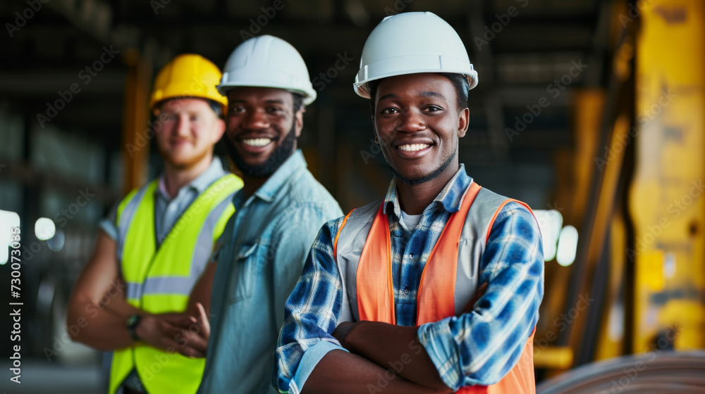 group of cheerful construction workers in safety gear group of cheerful construction workers in safety gear