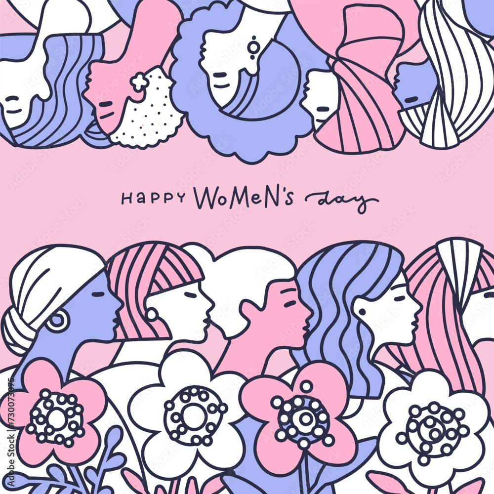 International Women's Day greeting card with abstract different female profile portraits in linear doodle style. Women empowerment concept. Vector hand drawn illustration with lettering greeting text.