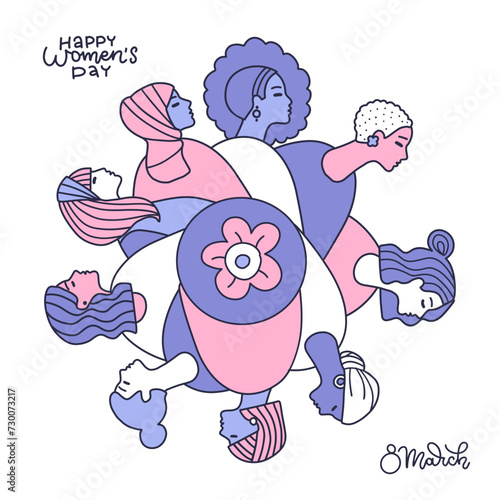 Women's day greeting card design. 8 March concept with different women in round rotating composition. Linear doodle simple style vector illustration.
