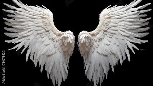 Intricately designed white angel wings, delicately suspended on a solid black surface, exuding an aura of grace and serenity