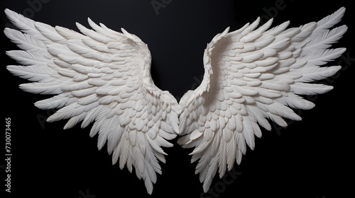 Intricately designed white angel wings, delicately suspended on a solid black surface, exuding an aura of grace and serenity