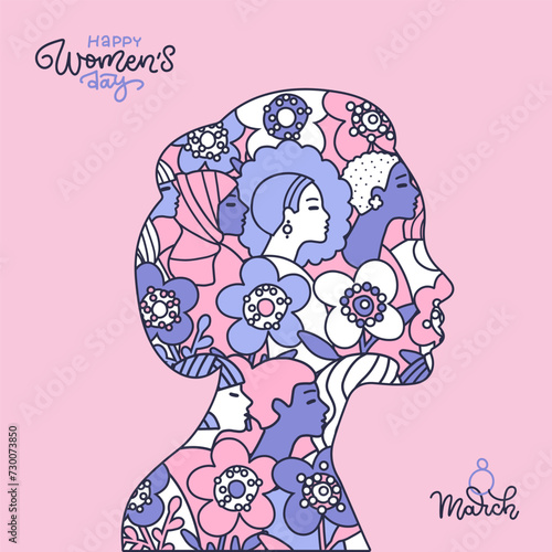 International womens day postcard. Doodle line art portraits of beautiful women with flowers in female heads silhouette. Graceful templates for cards, posters, flyers and other users. Vector lettering