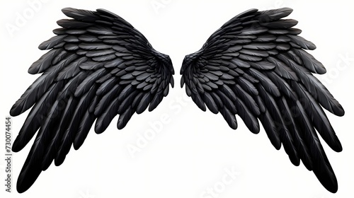 Majestic black angel wings, grandly spanning out on a solid white background, emanating a sense of divine magnificence and splendor