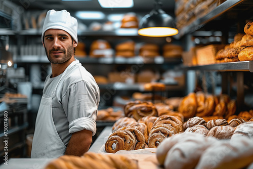 A man bakes fresh bread and sells it in front of a delicious shop in a bakery blurry background