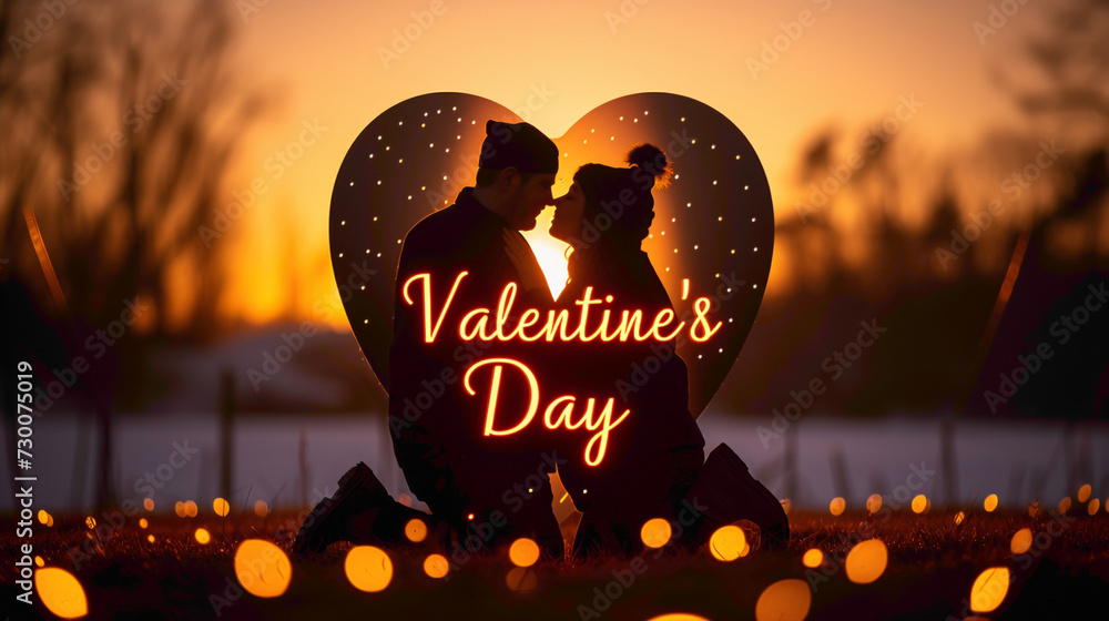 A charming image of a couple's silhouette inside a heart shape with the words "Happy Valentine's Day" written in the background on a sunset backdrop. - obrazy, fototapety, plakaty 