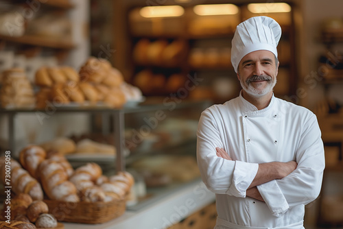 A man bakes fresh bread and sells it in front of a delicious shop in a bakery blurry background