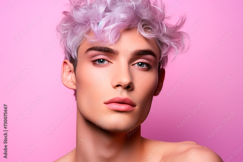 Handsome sexy guy close-up on pink background, portrait, transgender, LGBT Handsome sexy guy close-up on pink background, portrait, transgender, LGBT