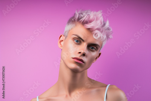 Handsome feminine cute guy closeup on purple background, portrait, transgender, LGBT 