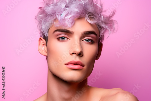 Handsome sexy guy close-up on pink background, portrait, transgender, LGBT