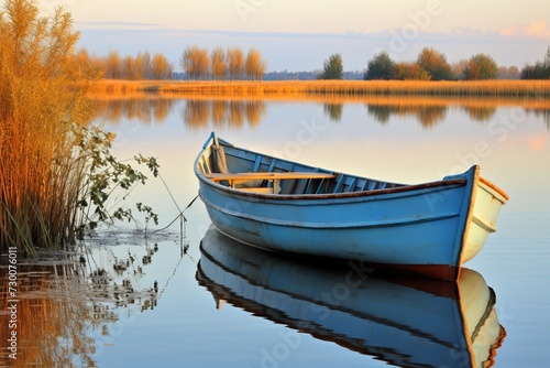 Tranquil dawn solitary wooden boat on lake, reflections in calm water, peaceful nature landscape
