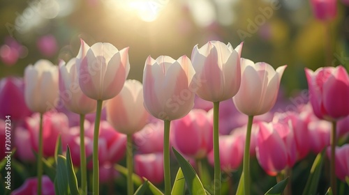 White and pink tulips. #730077234