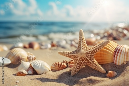 Colorful seashells on the beach. Summer vacation concept.