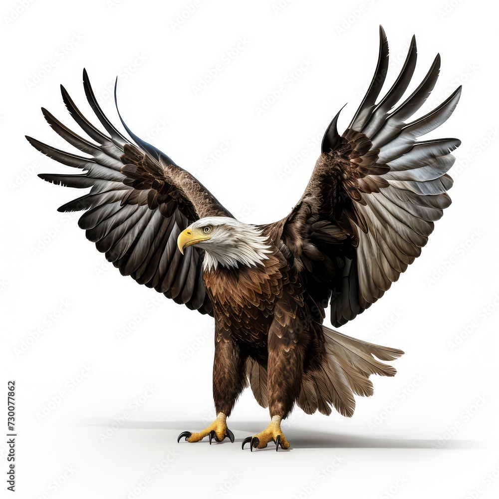 Obraz premium Flying bald eagle bird with big wings isolated on white background