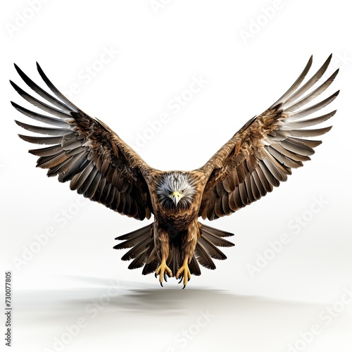 Flying bald eagle bird with big wings isolated on white background