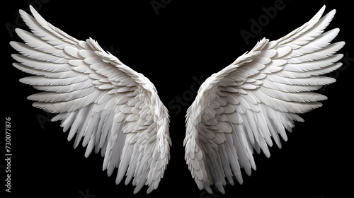 Majestic white angel wings, perfectly symmetrical and elegantly poised on a black solid background, radiating an aura of divine grace © ALLAH KING OF WORLD