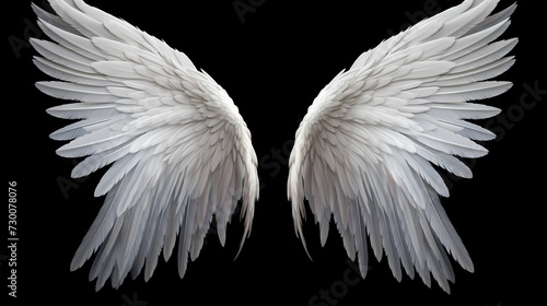 Majestic white angel wings with a soft glow, radiating against a dark black background, evoking a sense of ethereal beauty and tranquility